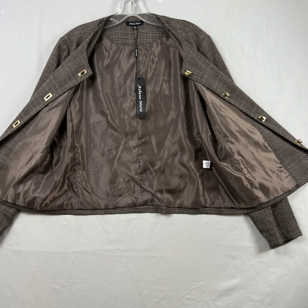 Athena Marie Plaid Blazer Women 12 Brown Gold Turn Lock Collarless Jacket NEW